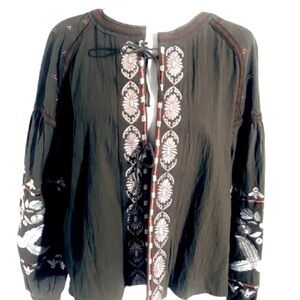 NWT BOHO EMBROIDERED JACKET LARGE TIE FRONT RD+KoKo ARMY GREEN ORANGE WHITE